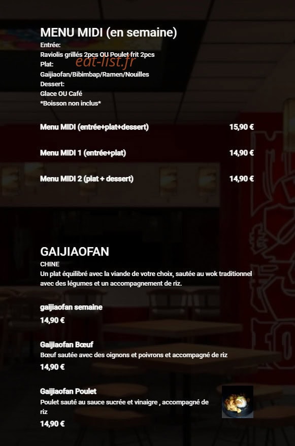 Carte et menu de Ami Asie Food à Villeneuve d'Ascq — Menu midi et gaijiaofan