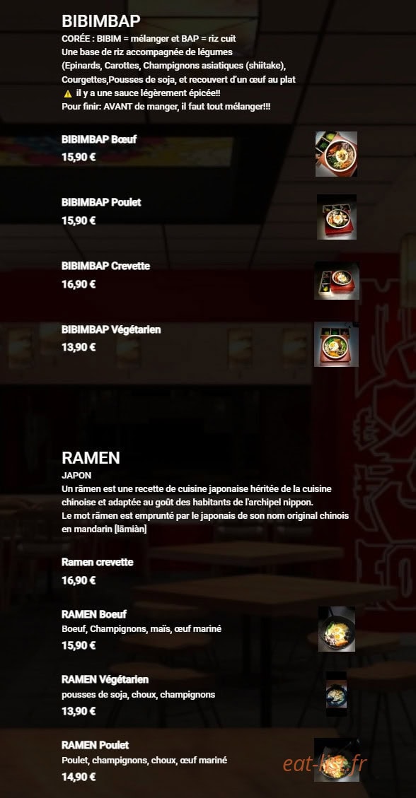 Carte et menu de Ami Asie Food à Villeneuve d'Ascq — Bibimbap et ramen