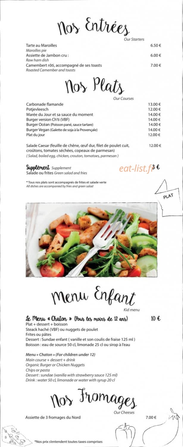 Carte et menu de Estaminet le Bet'leu à Villeneuve d'Ascq — Entées, plats, menu enfant et fromage