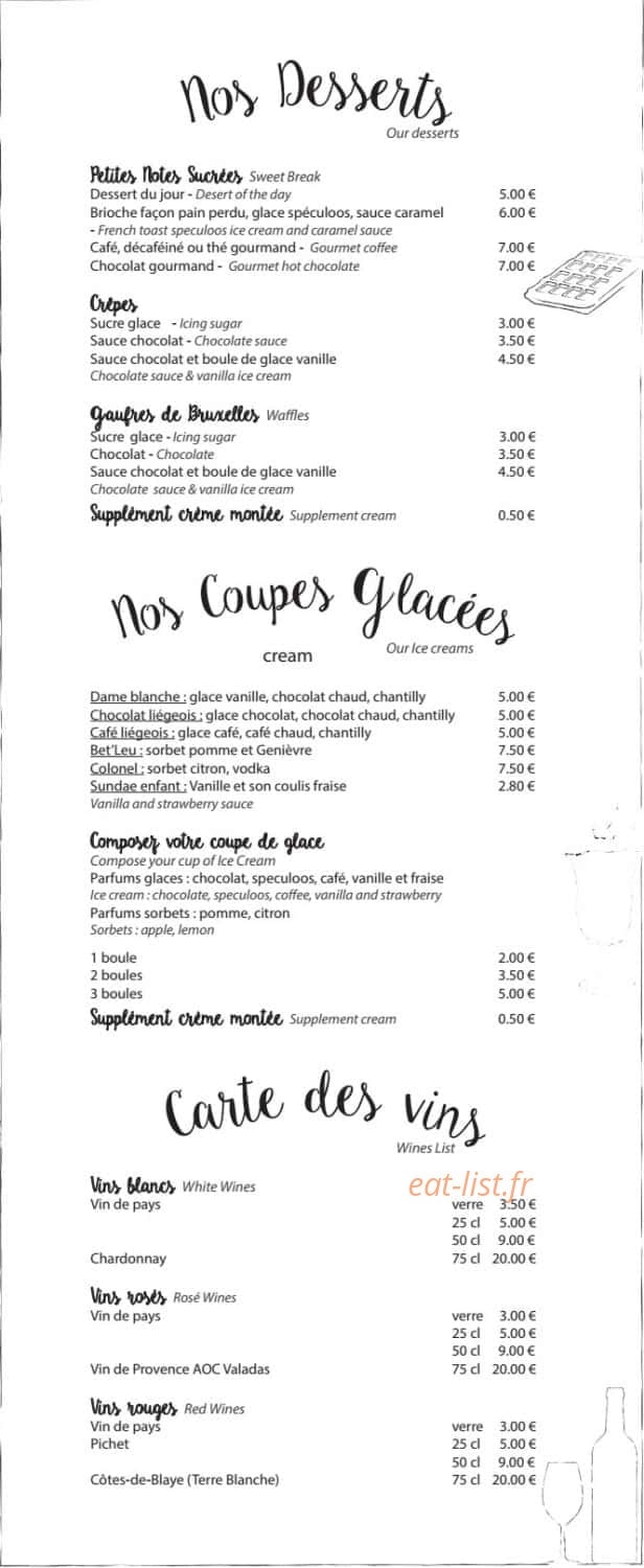 Carte et menu de Estaminet le Bet'leu à Villeneuve d'Ascq — Desserts, glaces et cartes des vins