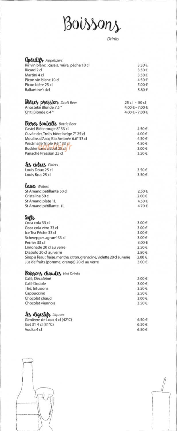 Carte et menu de Estaminet le Bet'leu à Villeneuve d'Ascq — Boissons