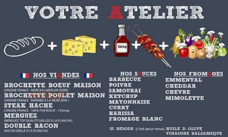 Carte et menu de L'atelier Street Food à Villeneuve d'Ascq — Les viandes, sauces et fromages