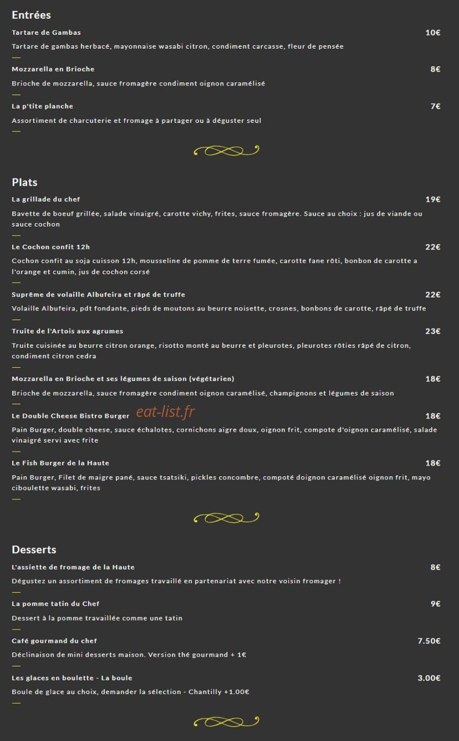 Carte et menu de La Gueule de - Le Bistro de la Haute à Villeneuve d'Ascq — Les entrées, plats et desserts