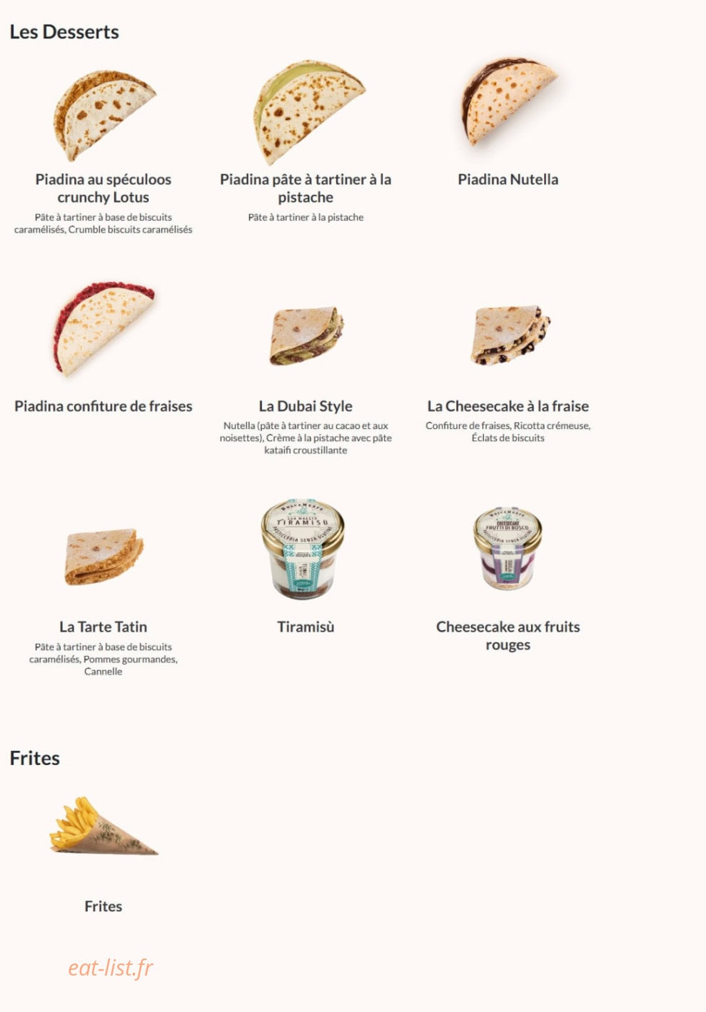 Carte et menu de La Piadineria à Villeneuve d'Ascq — Les Desserts, Frites
