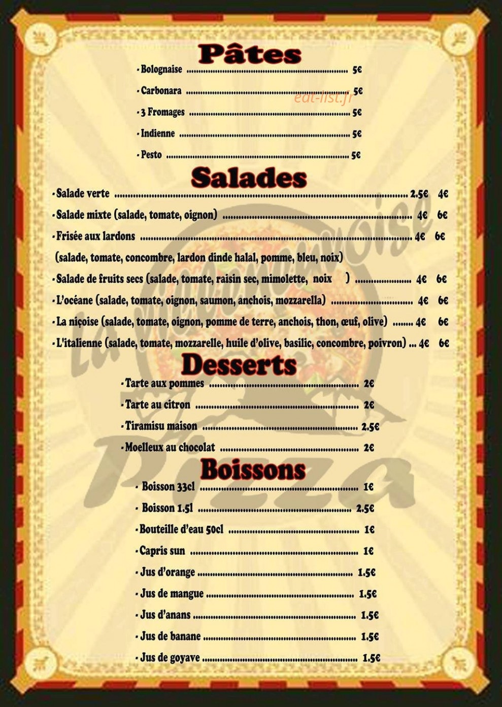 Carte et menu de La villeneuvoise pizza à Villeneuve d'Ascq — Pâtes, salades, desserts et boissons