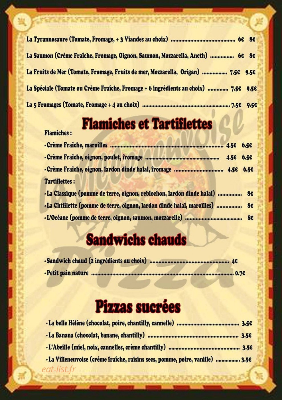 Carte et menu de La villeneuvoise pizza à Villeneuve d'Ascq — Tartiflettes, sandwiches, pizzas sucrées,....
