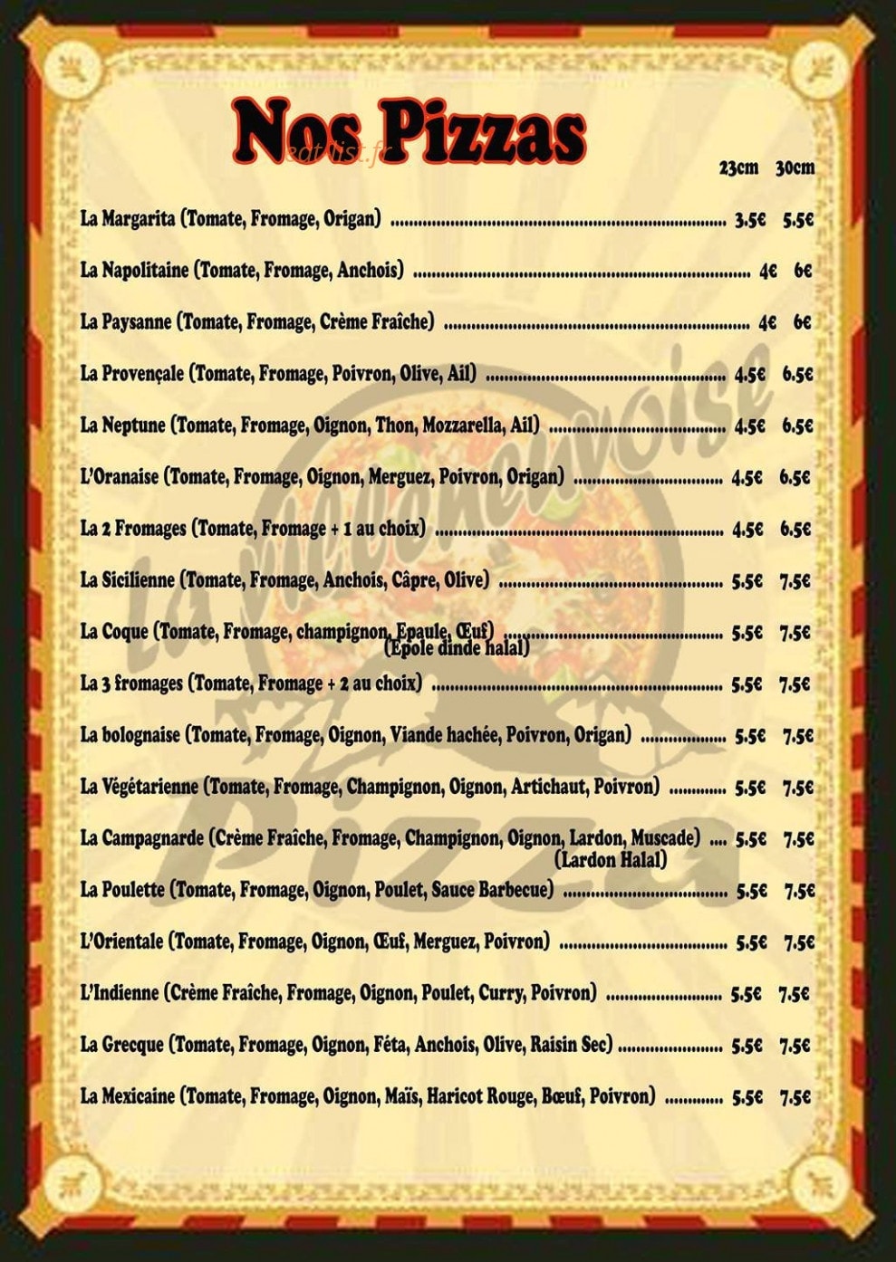 Carte et menu de La villeneuvoise pizza à Villeneuve d'Ascq — Pizzas