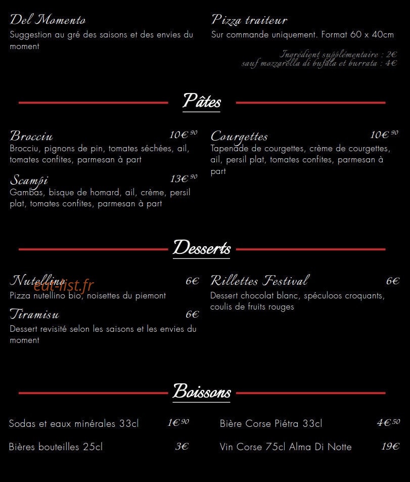 Carte et menu de Le festival pizza la pilaterie à Villeneuve d'Ascq — Les pates, desserts et boissons