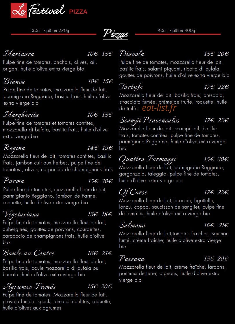 Carte et menu de Le festival pizza la pilaterie à Villeneuve d'Ascq — Les pizzas