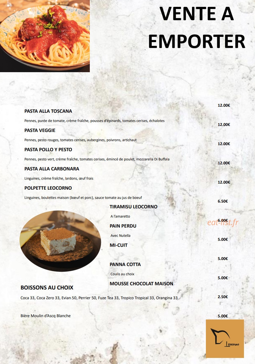 Carte et menu de Leocorno à Villeneuve d'Ascq — Vente emporter suite