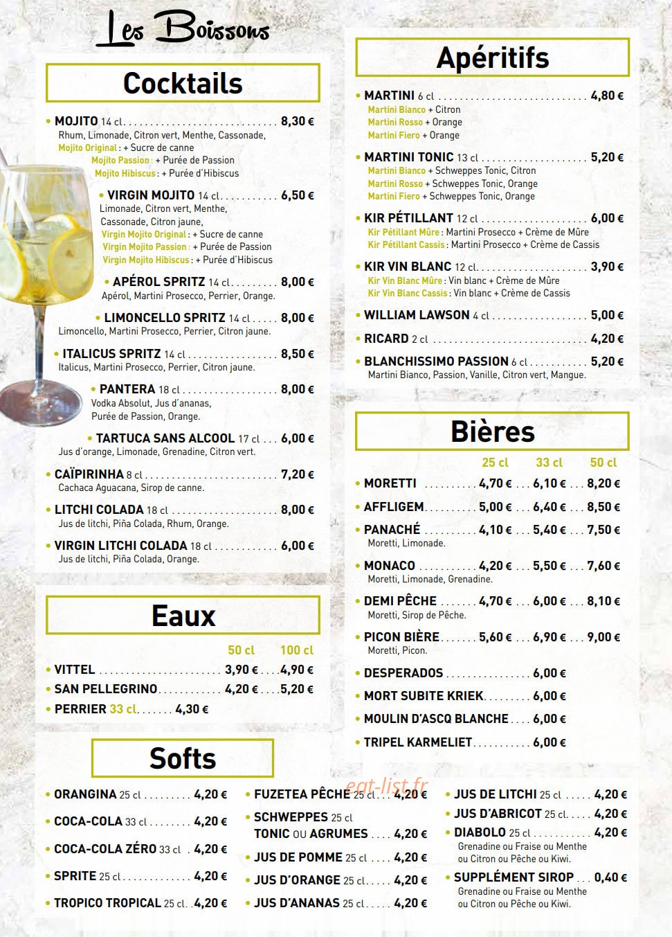 Carte et menu de Leocorno à Villeneuve d'Ascq — Les cocktails, bières et softs,...