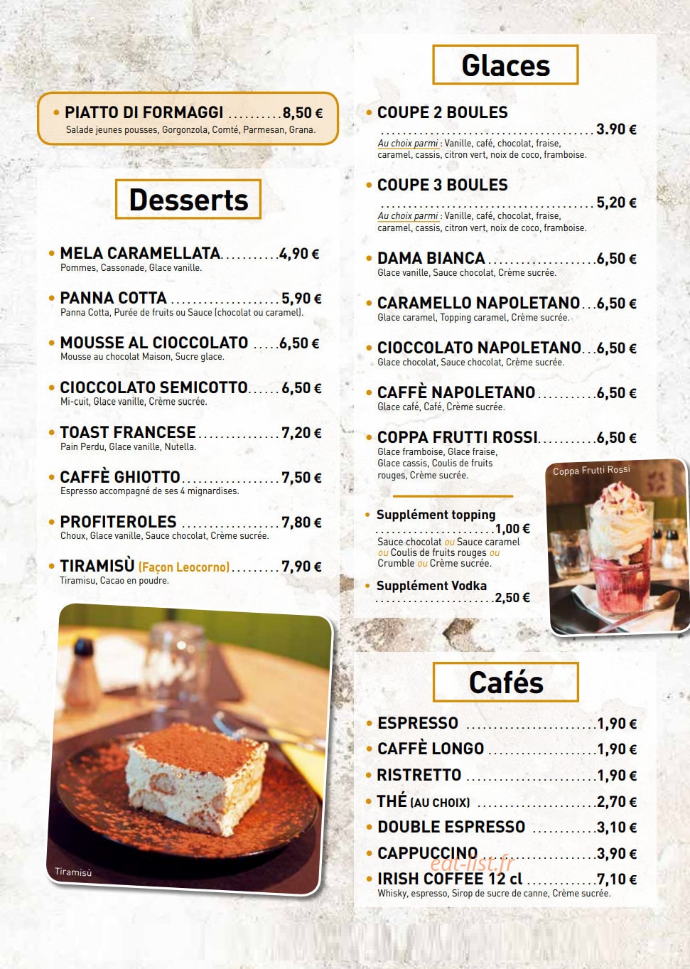Carte et menu de Leocorno à Villeneuve d'Ascq — Les desserts, glaces et cafés