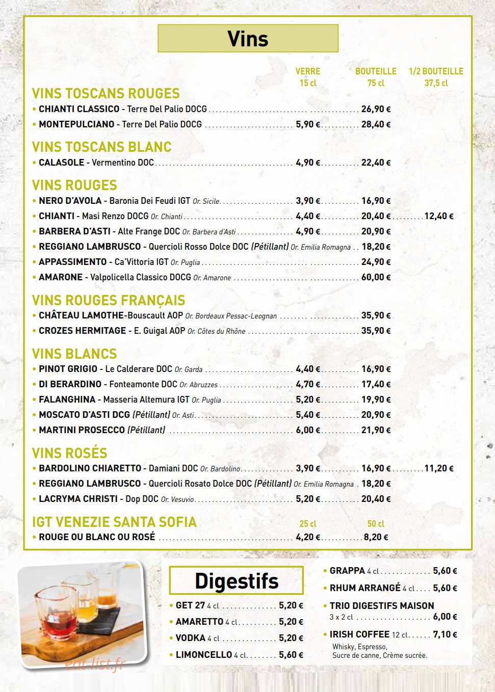 Carte et menu de Leocorno à Villeneuve d'Ascq — Les vins et digestifs
