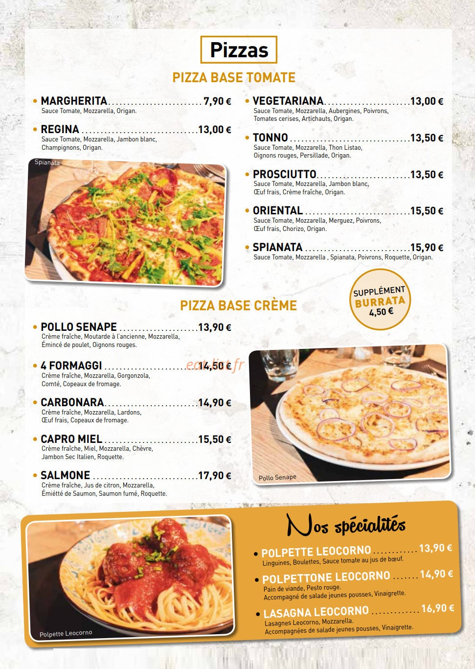 Carte et menu de Leocorno à Villeneuve d'Ascq — Les pizzas