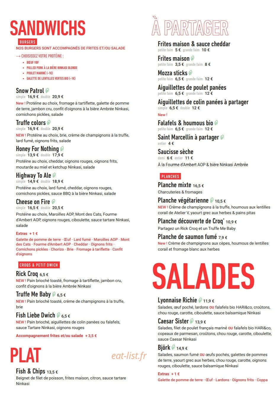 Carte et menu de Ninkasi Lille - Lezennes à Villeneuve d'Ascq — Les sandwichs, plats et salades, ...