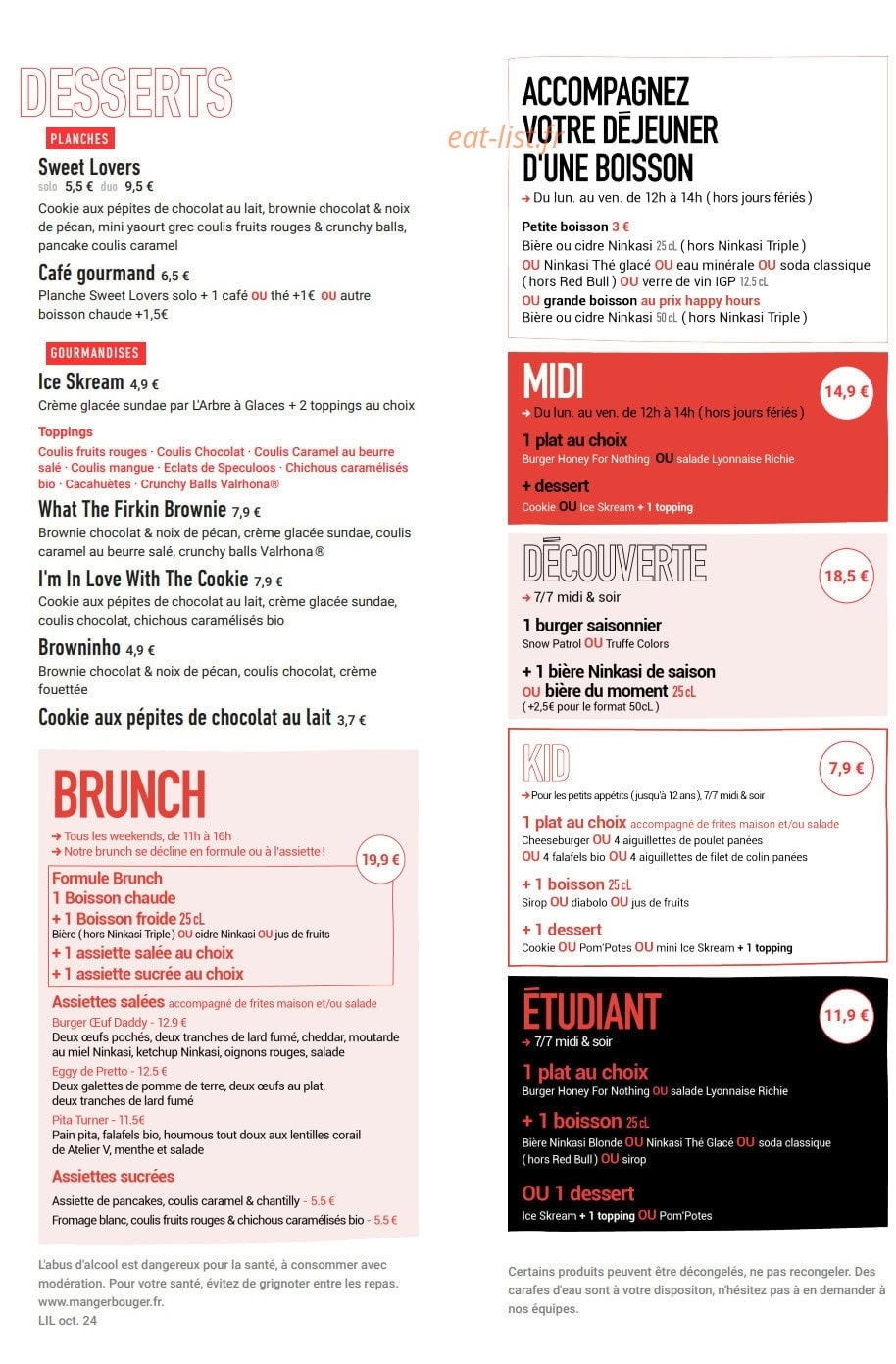 Carte et menu de Ninkasi Lille - Lezennes à Villeneuve d'Ascq — Les desserts, brunch et menus, ...