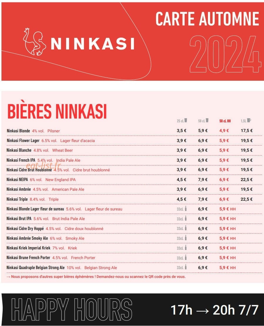 Carte et menu de Ninkasi Lille - Lezennes à Villeneuve d'Ascq — Les bières