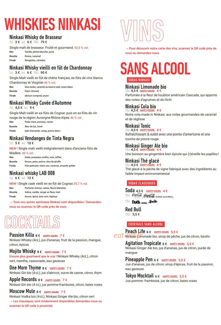 Carte et menu de Ninkasi Lille - Lezennes à Villeneuve d'Ascq — Les vins, whiskies, et cocktails