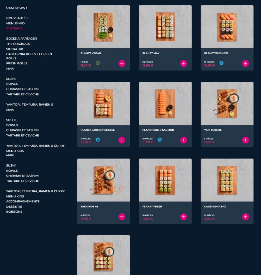 Carte et menu de Planet Sushi à Villeneuve d'Ascq — Les plateaux