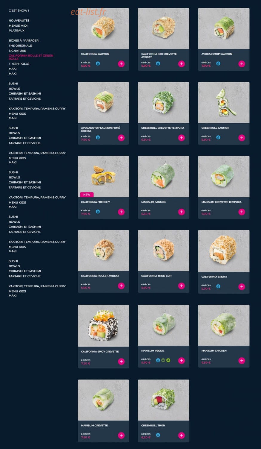 Carte et menu de Planet Sushi à Villeneuve d'Ascq — Les calironias rolls et green