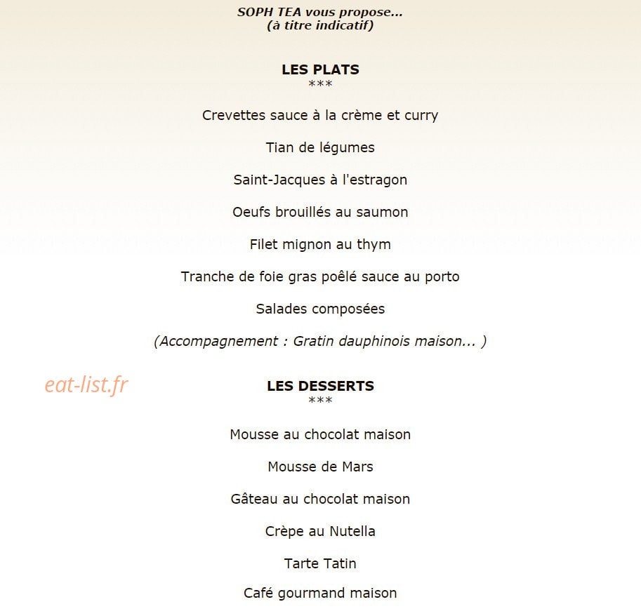 Soph Tea — carte page 1