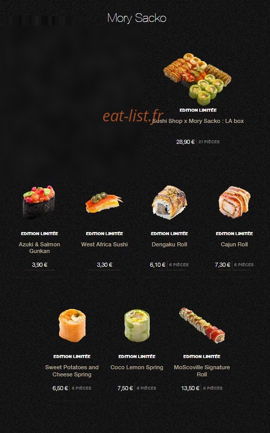 Carte et menu de Sushi Shop à Villeneuve d'Ascq — Les mory sackos