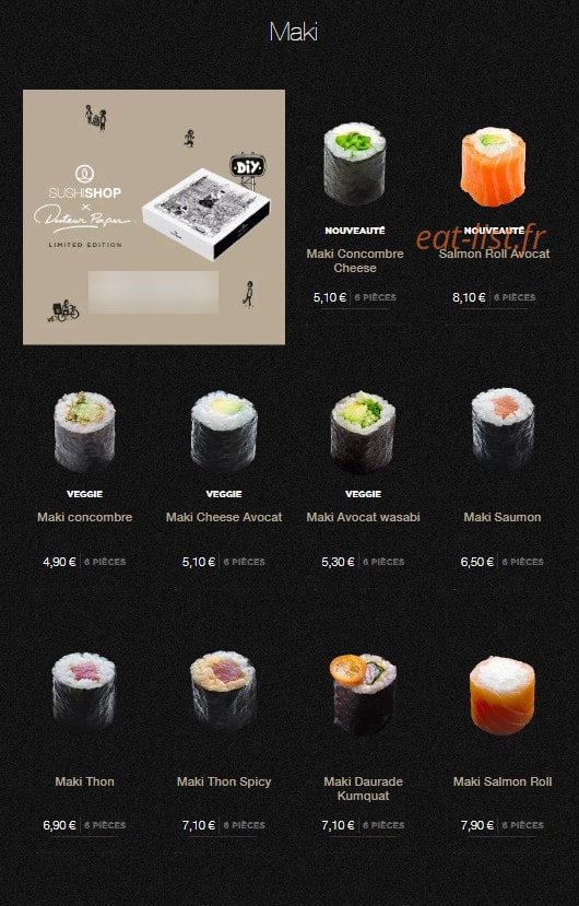 Carte et menu de Sushi Shop à Villeneuve d'Ascq — Les makis