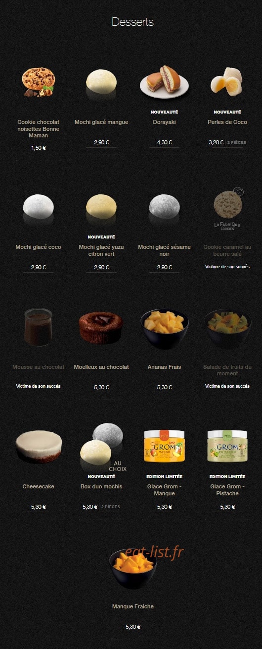 Carte et menu de Sushi Shop à Villeneuve d'Ascq — Les desserts