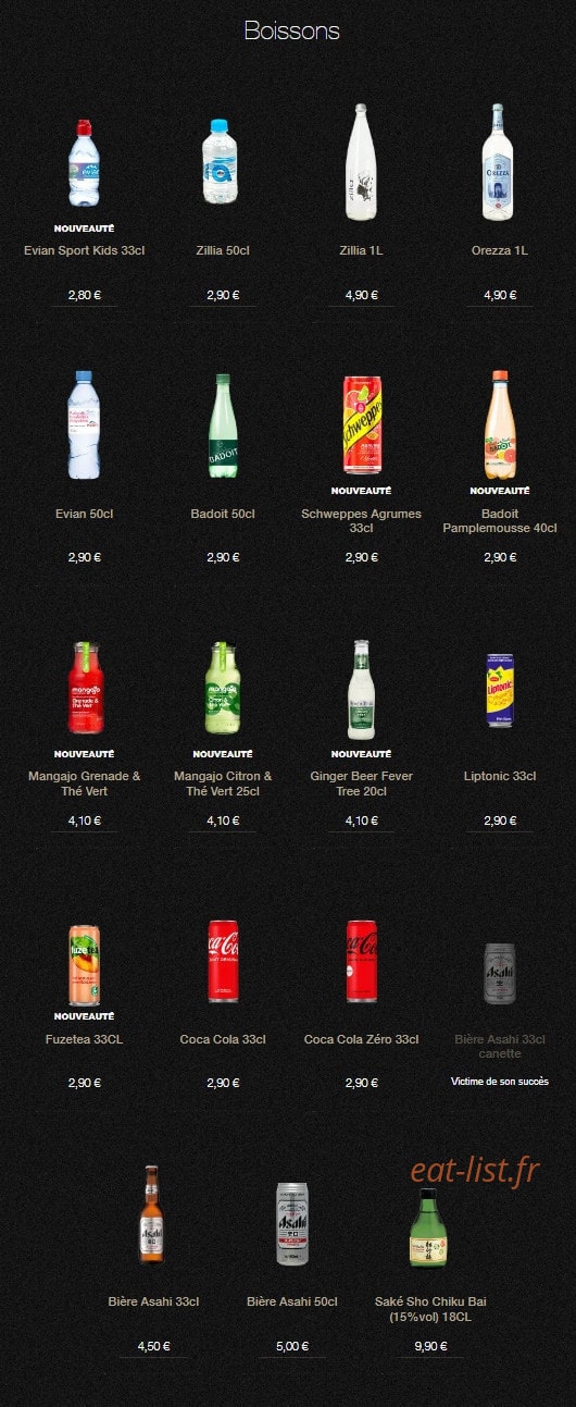Carte et menu de Sushi Shop à Villeneuve d'Ascq — Les boissons