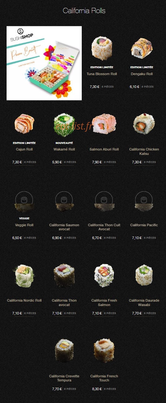 Carte et menu de Sushi Shop à Villeneuve d'Ascq — Les californias rolls