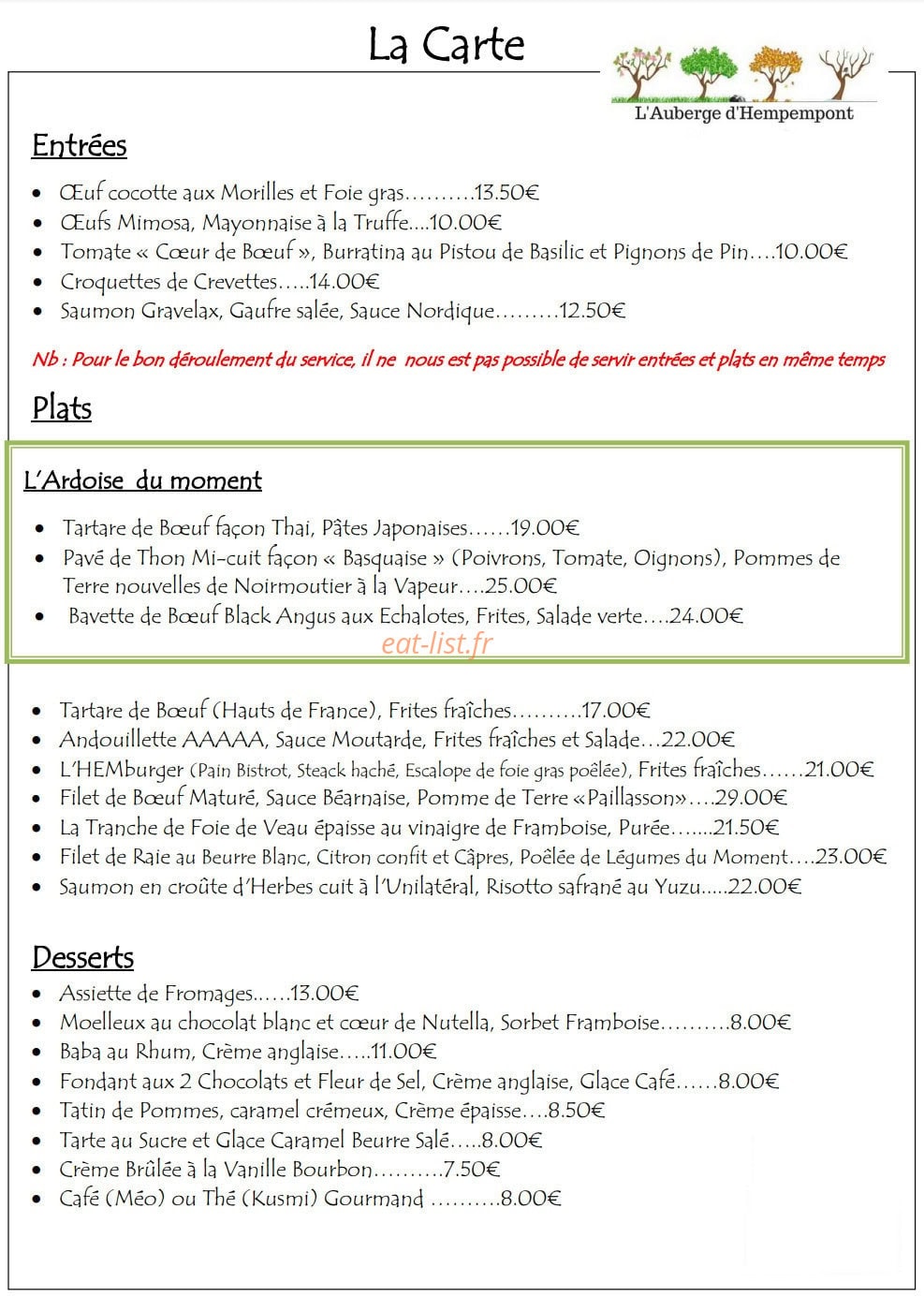Auberge d'Hempempont — carte page 1