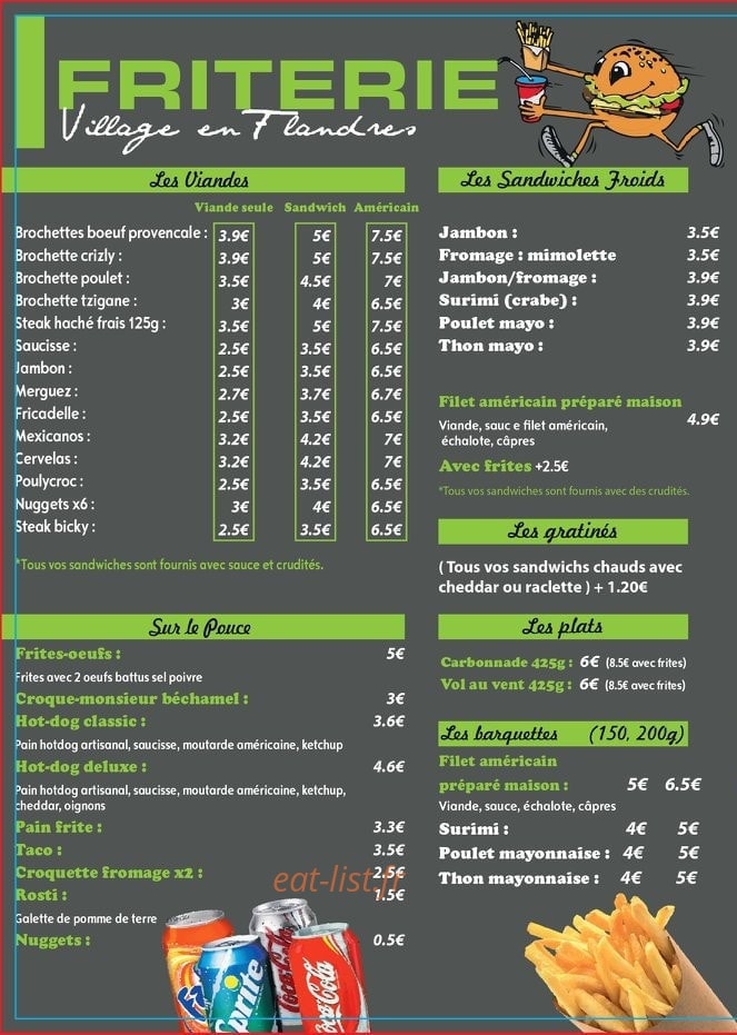 Carte et menu de Friterie Village en Flandres à Marquette Lez Lille — Les viandes, sandwiches, gratinés...