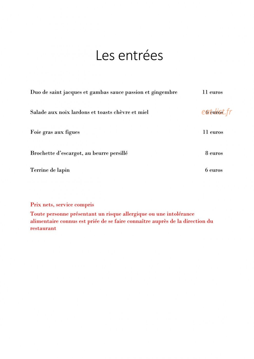 Au Plaisir Gustatif — carte page 1