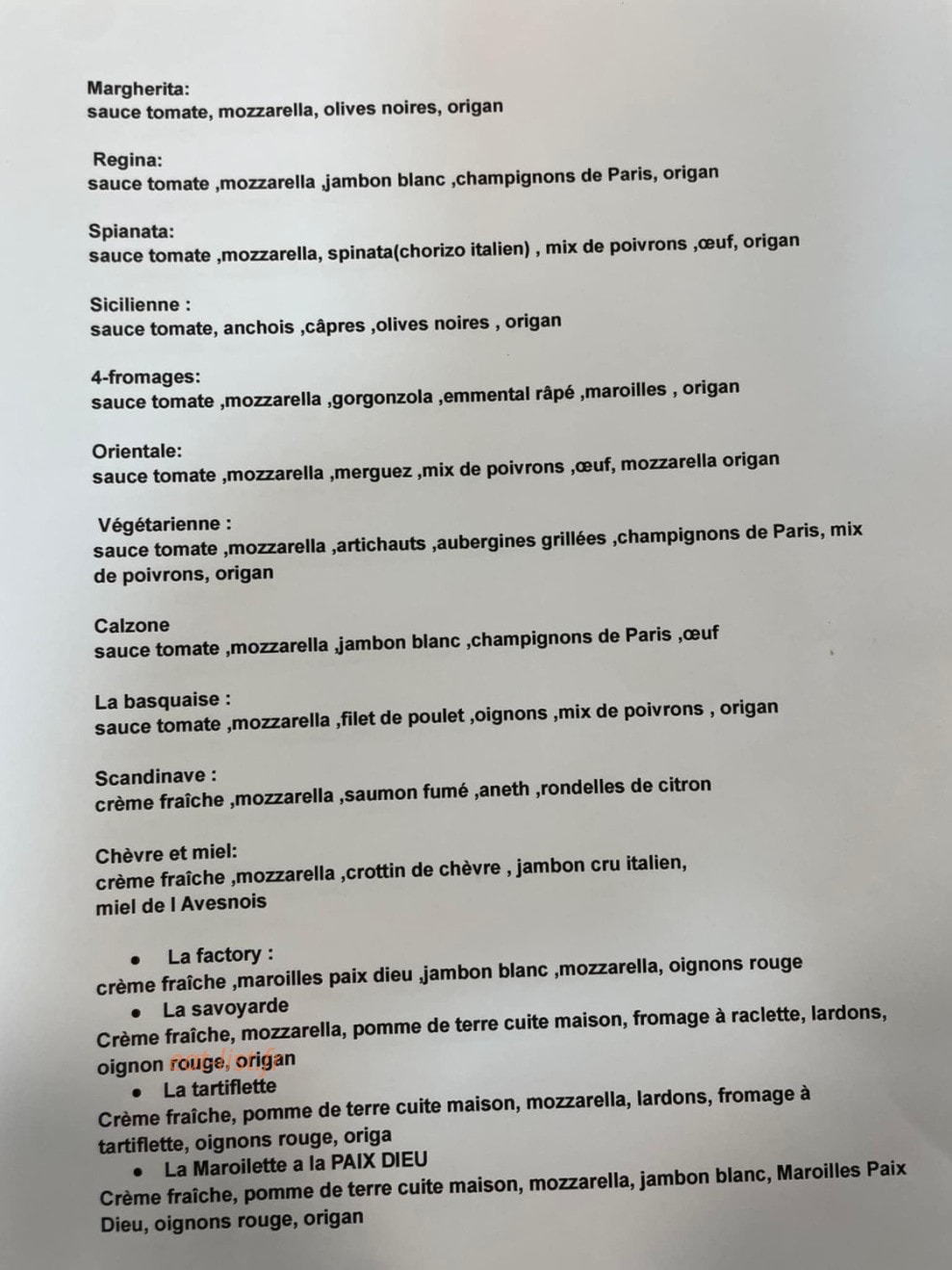 La Factory Pizza — carte page 1