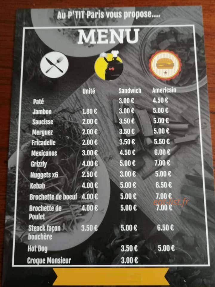 Au p'tit Paris — carte page 1