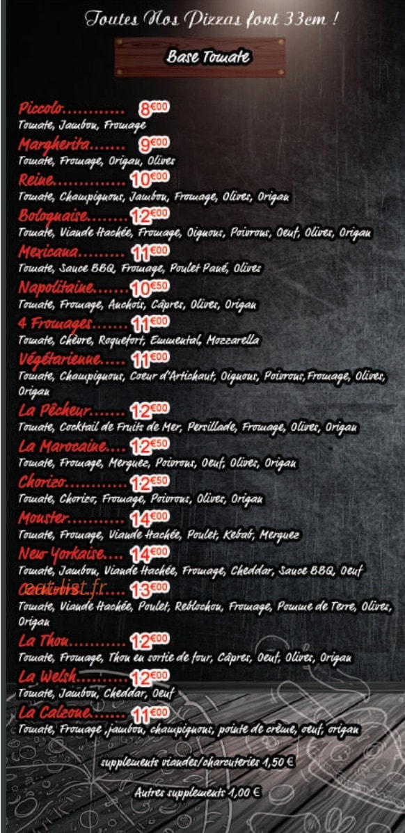 La Grange aux pizzas — carte page 1