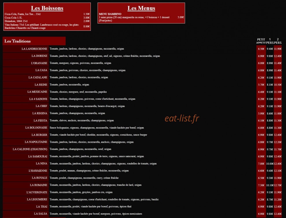 Pizza Dorenz — carte page 1