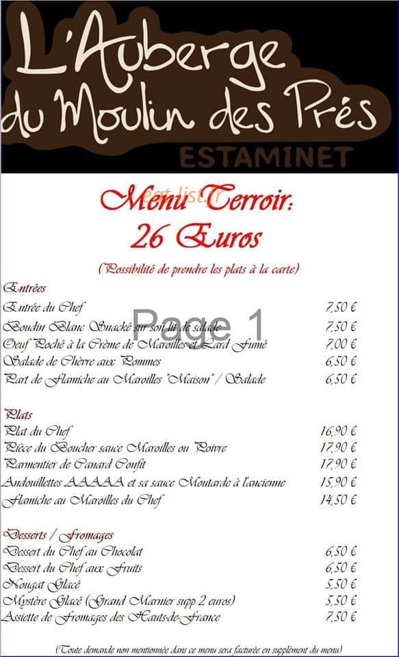 L'Auberge du Moulin des Prés — carte page 1