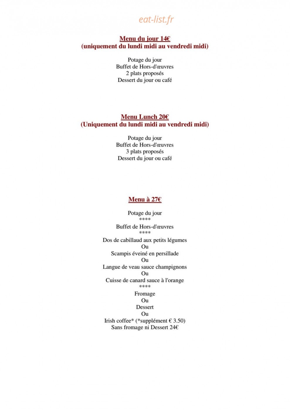 Taverne sainte marguerite — carte page 1