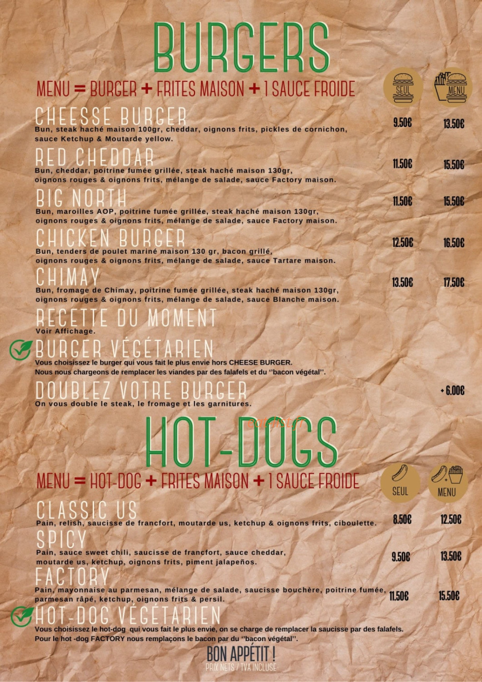 Hot Burger Factory — carte page 2