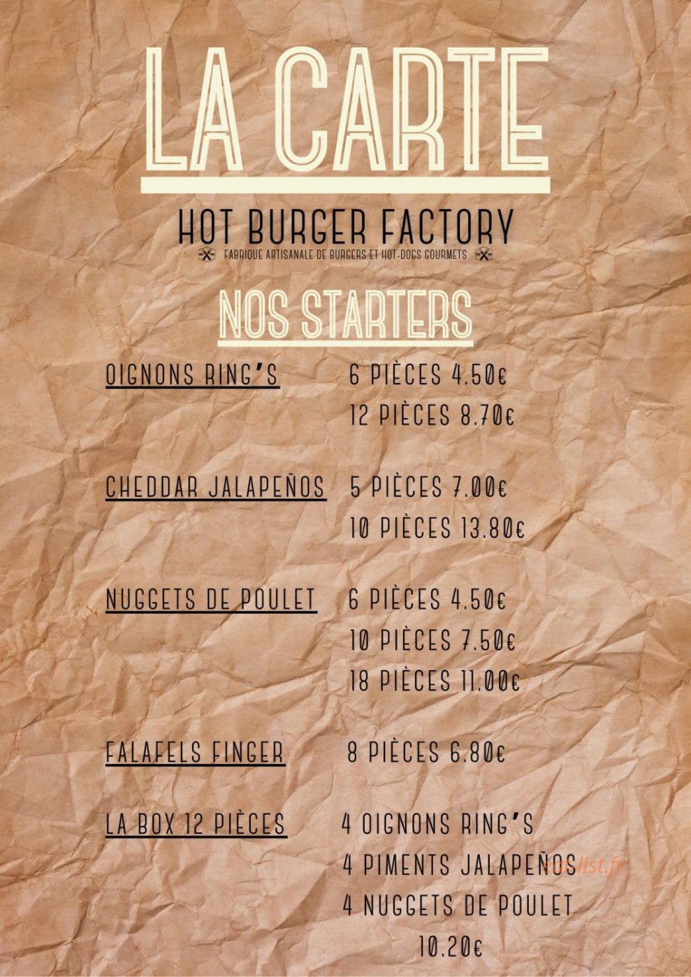 Hot Burger Factory — carte page 1