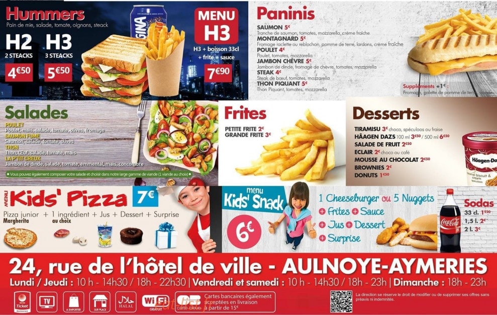 Carte et menu de Au p'tit creux à Aulnoye Aymeries — Hummers, salades, paninis,...