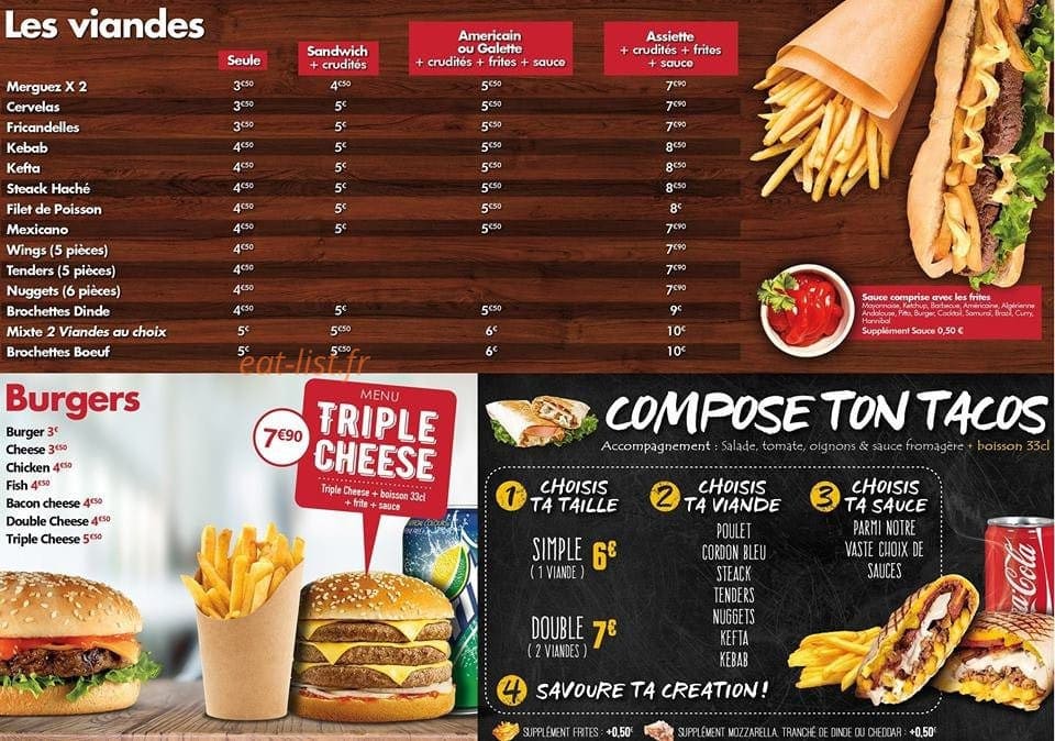 Carte et menu de Au p'tit creux à Aulnoye Aymeries — Viandes, burgers et tacos