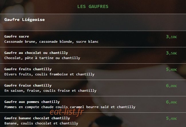 Carte et menu de Bij t' Kleintje chez la p'tite à Cassel — Les gaufres