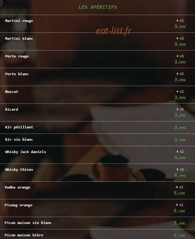 Carte et menu de Bij t' Kleintje chez la p'tite à Cassel — Les apéritifs