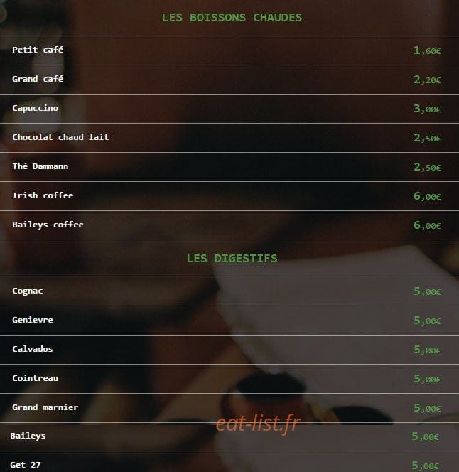 Carte et menu de Bij t' Kleintje chez la p'tite à Cassel — Les boissons chaudes et les digestifs