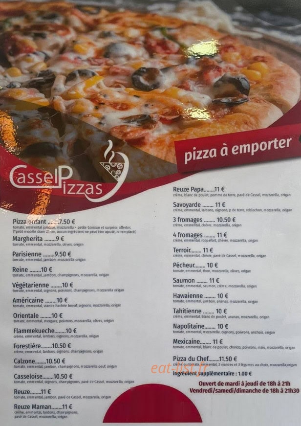 Cassel Pizzas — carte page 1