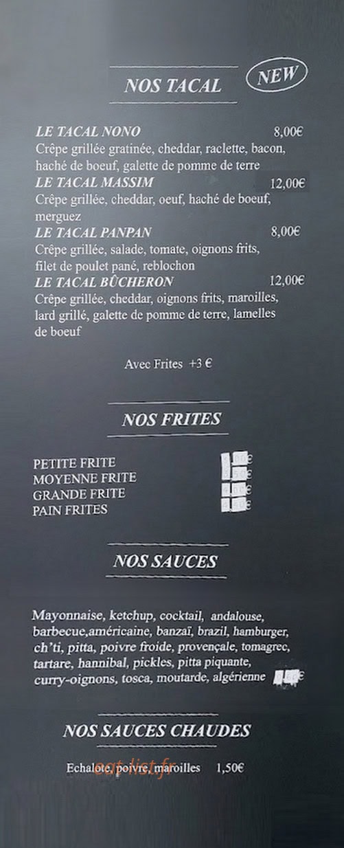 Carte et menu de Crystal Frite à Ferriere la Grande — Les tacasl, frites et sauces