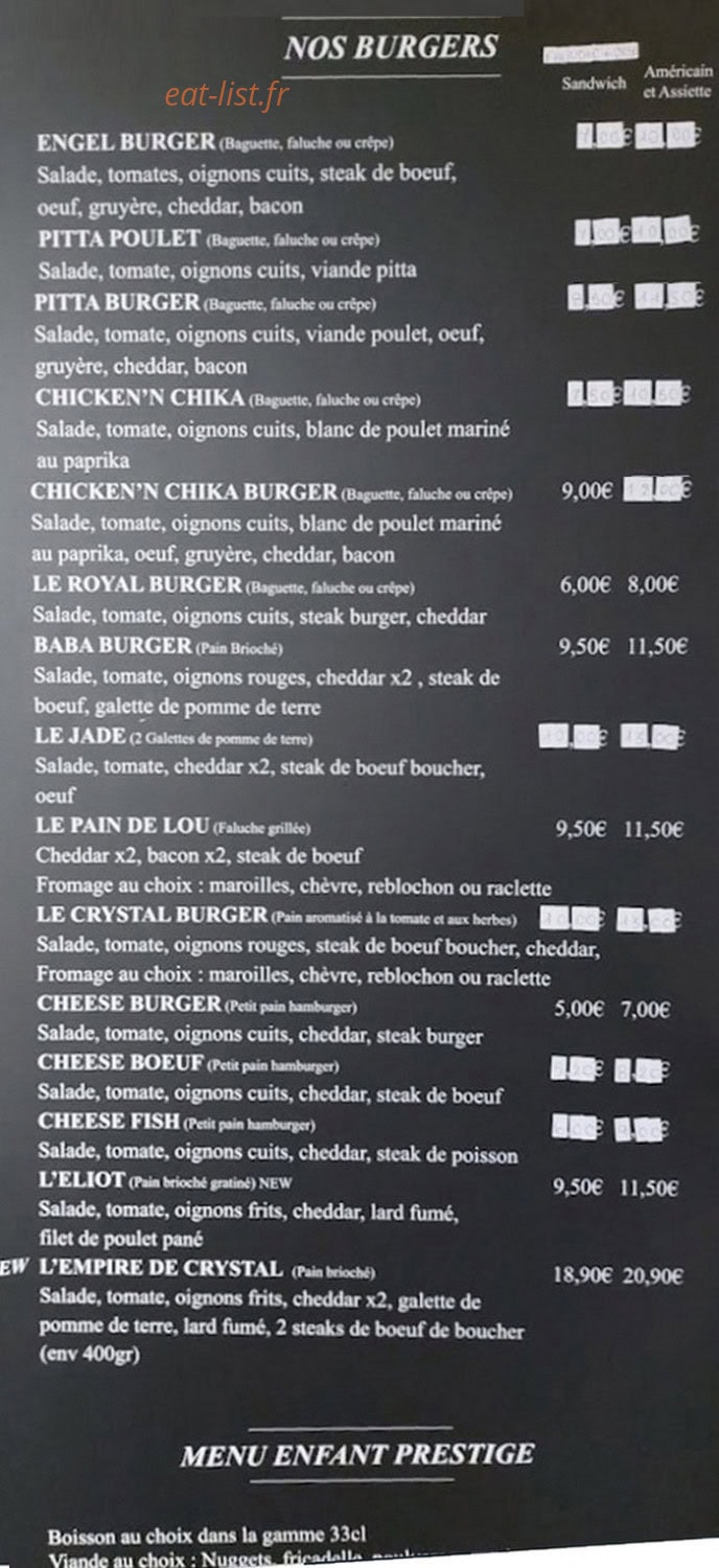 Carte et menu de Crystal Frite à Ferriere la Grande — Les burgers
