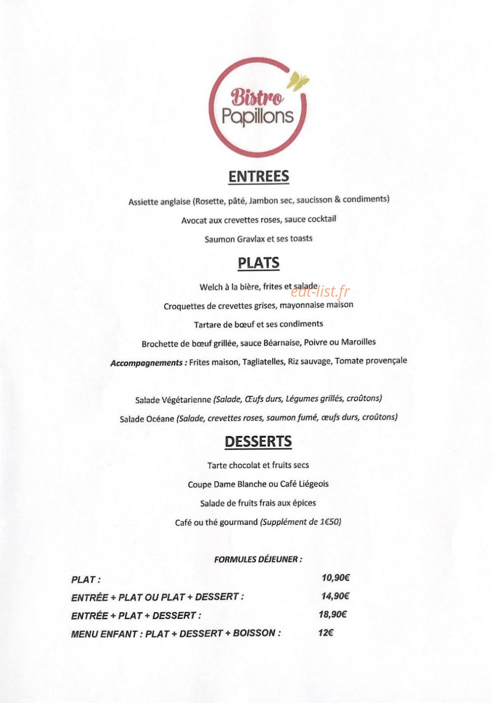 Bistro Papillons — carte page 1